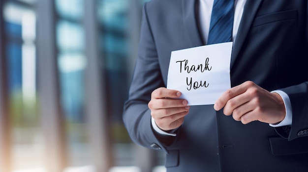 Half body of employee in formal attire holding white paper with thank you text