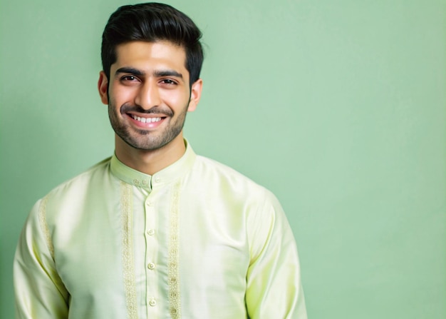 Photo half body frontal portrait shot of handsome pakistani ethnicit model in traditional pakistani dress