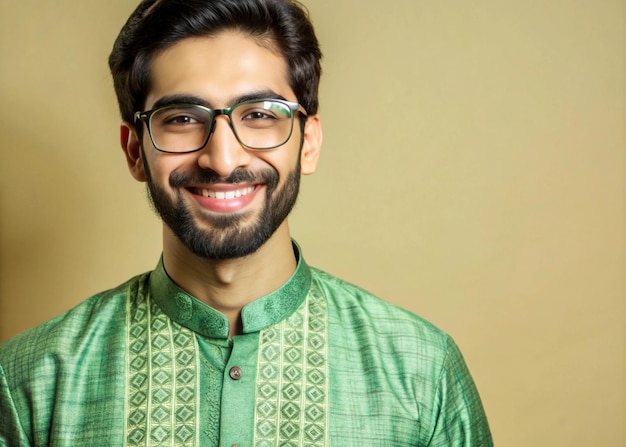 Photo half body frontal portrait shot of handsome pakistani ethnicit model in traditional pakistani dress