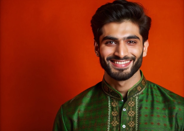 Photo half body frontal portrait shot of handsome pakistani ethnicit model in traditional pakistani dress