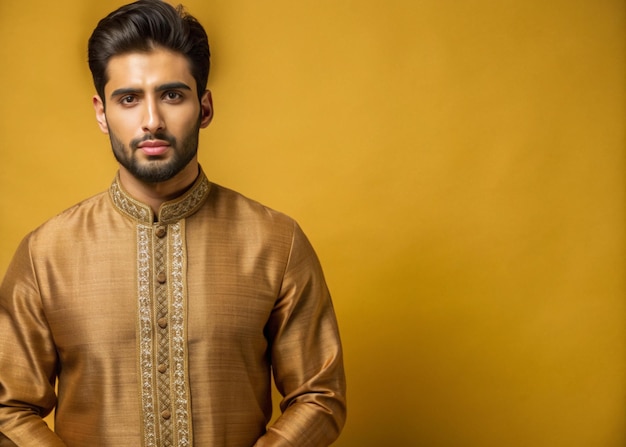 Photo half body frontal portrait shot of handsome pakistani ethnicit model in traditional pakistani dress