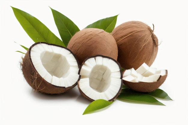 Half of coconut with leaves isolated on white background Generative AI