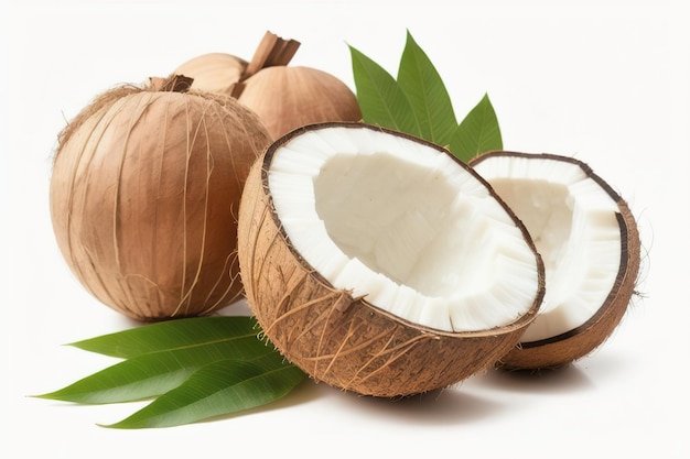 Half of coconut with leaves isolated on white background Generative AI