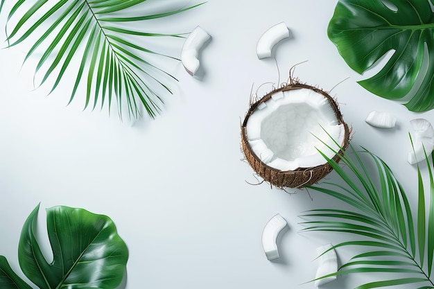 Half coconut with leaves on white background