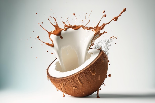 A half cut coconut with milk splashes on a white background