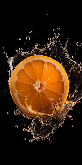 Half cut orange fruit slice in water splash generative AI