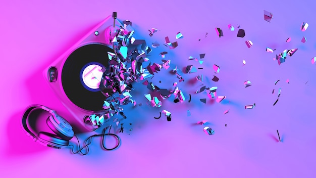 Half destroyed turntable with fragments flying off in neon lighting, 3d illustration