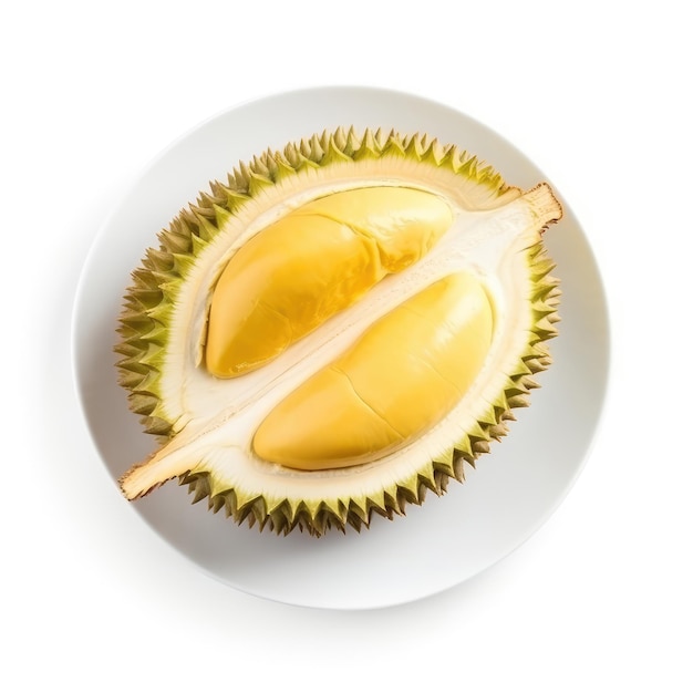 Half of durian fruit on white plate isolated on white background Top view