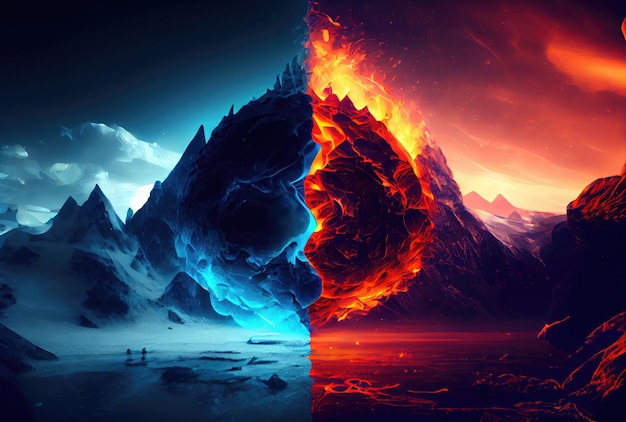 Half fire and half ice mountains with the sky background Metaphor and conflict concept Generative AI