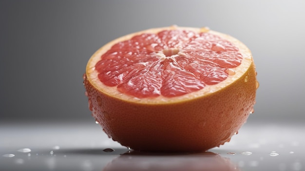 A half of a grapefruit is on a gray surface with a drop of water on it.