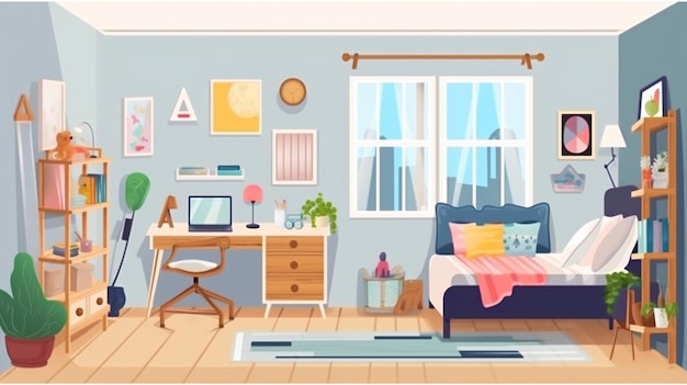 Half of a large bedroom with a double bed against a wall covered with posters and shelves with toys and books a desk with supplies and a chair and Generative AI