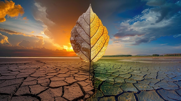 Photo half of the leaf is dry and dusty while the other side is green and fresh with water on it the left part shows a desert environment with cracked earth while the right one shows a beautiful lake