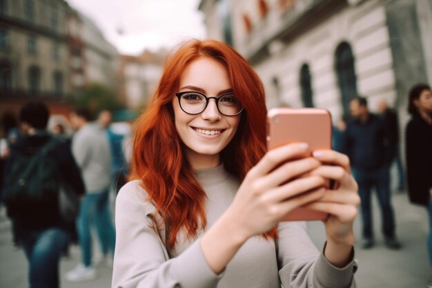 Photo half length portrait of cheerful female blogger in eyeglasses holding cellphone gadget smiling