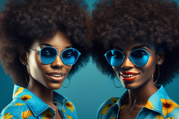 Half length portrait stock photography portrait of two afro haired women wearing sunglasses smiling blue background Ai generated art