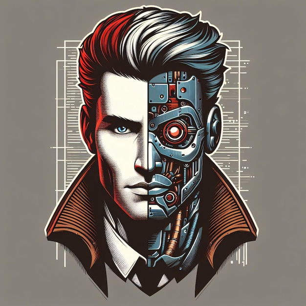 half man half robotic illustration for t shirt design vector