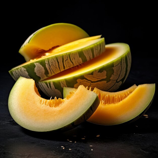 a half of a melon with seeds and seeds on a table