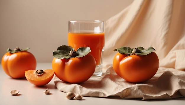 Half of persimmon with white cloth and shadows of two glasses on beige pastel background Summer refreshment concept Sunlit flat lay Minimal style Top view flat lay