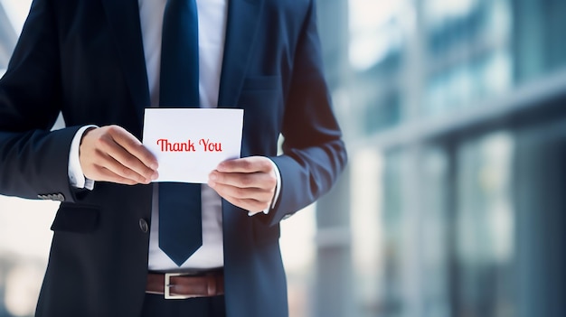 Half picture of businessman in formal wear holding a white note with Thank you text