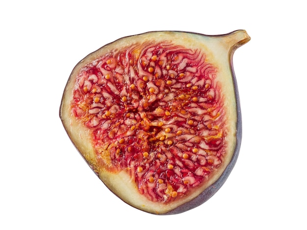 Half of a purple fig isolated on white background with copy space soft sweet fruit skin is thin red