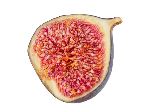 Half of a purple fig isolated on white background with copy space soft sweet fruit skin is thin red