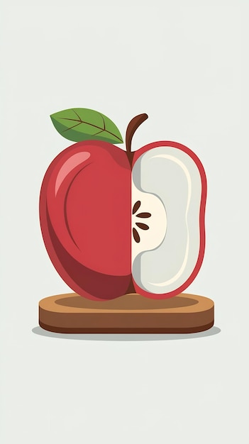 Photo half a red apple with leaf cartoon style