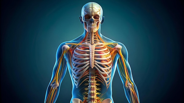 Photo half skeleton with half human body nerve and spinal system skeletal system of human body anatomy an