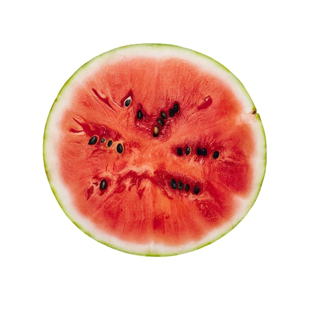 Halfcut watermelon revealing the red juicy flesh isolated on white background