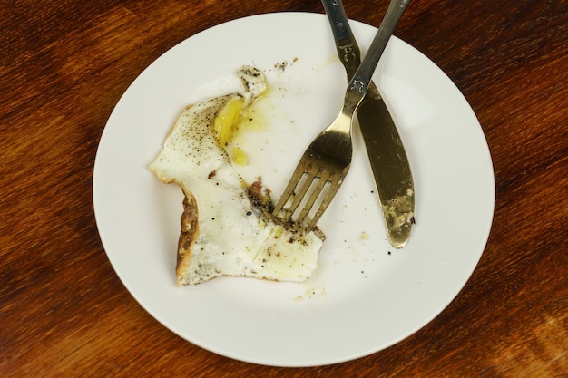 Halfeaten egg on a white plate and cutlery