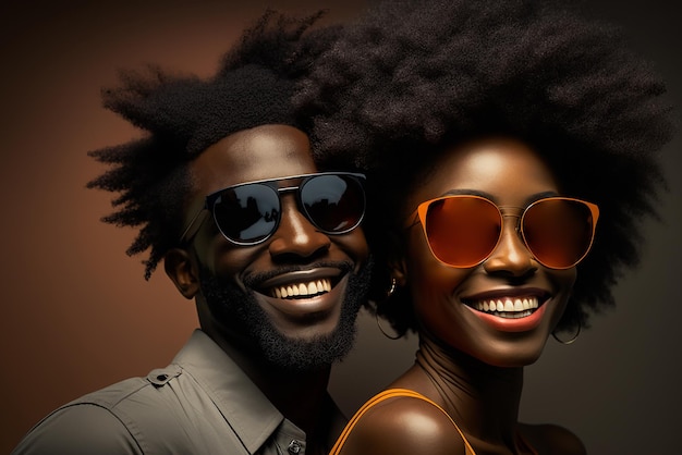 Halflength portrait stock photography portrait of afrohaired man and woman wearing sunglasses smiling in a dwelling Ai generated art