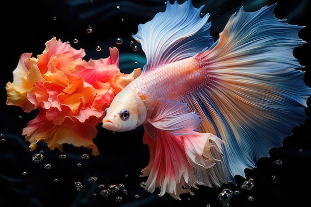 A halfmoon betta fish swimming in a lotus flower