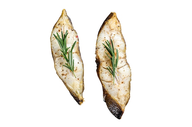 Halibut fish steak with rosemary Isolated on white background