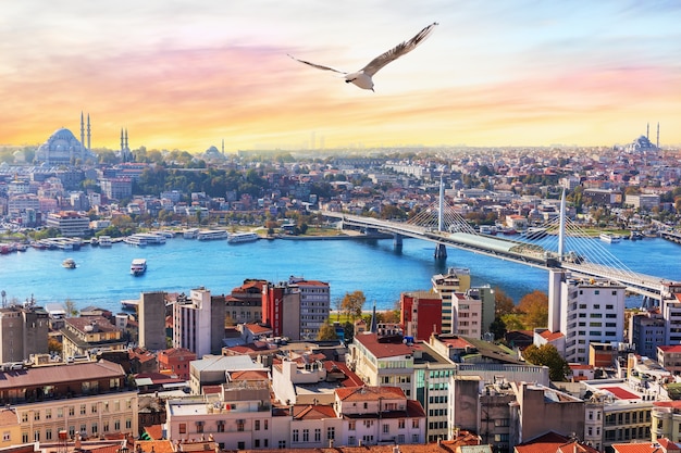 Halic Metro Bridge and the Suleymaniye, view on the Fatih district of Istanbul, Turkey.