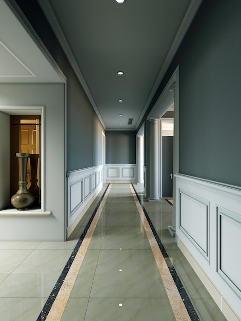 Hall corridor with gray walls and white wood paneling in a classic style 3d rendering