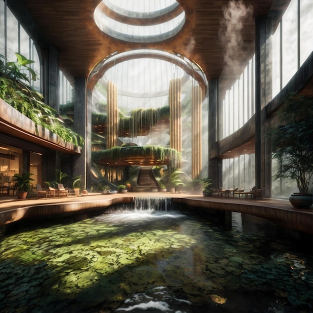 A hall of a hotel is beautifully designed with a touch of a nature