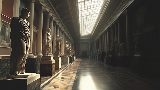 Photo hall lined with classical sculptures in an art museum illuminated by natural light