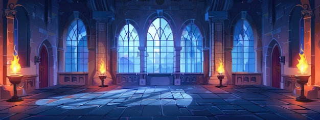 Photo hall in a magic castle with torches candles stained glass windows and stone walls