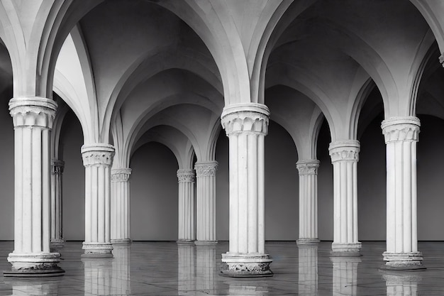 Hall with antique arches and columns marble floor and medieval door