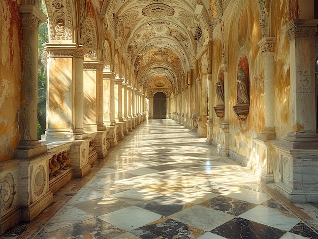 a hall with a ceiling that has a picture of a person in it