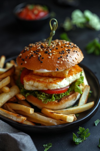 Halloumi burger with fresh lettuce tomato and fries on a black plate garnished with a skewer