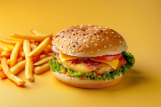 Halloumi burger with fresh lettuce tomato and fries on a sesame bun against a yellow background