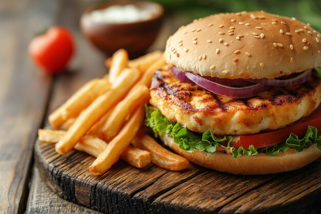 Halloumi burger with lettuce tomato onion and fries on a sesame bun served on a rustic wooden board