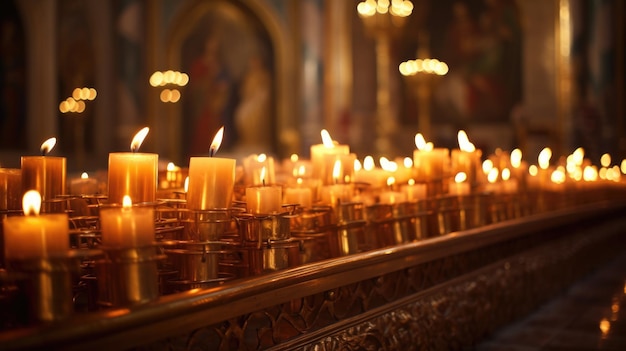 Hallowed Orthodox Church with Blurred Wax Burning Candles and Icon Background Depicting Holy