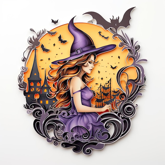 Halloween 3D sticker beautiful witch on white background