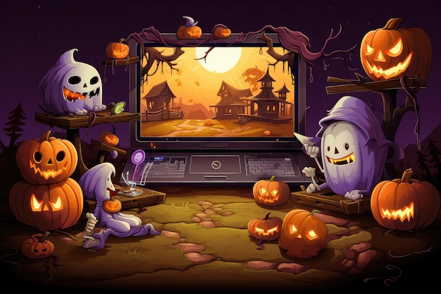 Halloween 404 Timeout Error webpage with blank monitor a vector illustration of a haunted forest