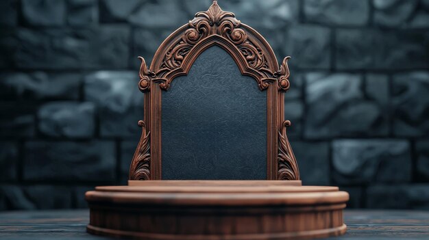 Photo halloween advertisement display background with ornate wooden frame stone wall and wooden pedestal