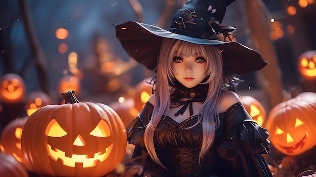 halloween anime girl with pumpkins