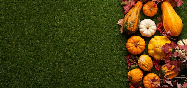 Halloween autumn harvest pumpkins Pumpkins of different varieties and sizes on green grass and autumn leaves banner with pumpkins and place for text