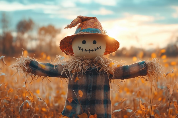 Photo halloween and autumn scarecrow in an open field representing fall season and halloween party