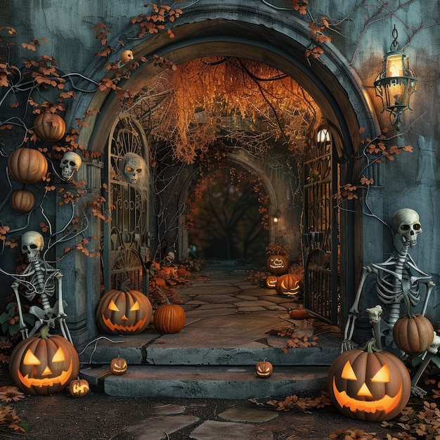 Halloween backdrop gloomy with pumpkins and dead skeletons in the style of arched doorways