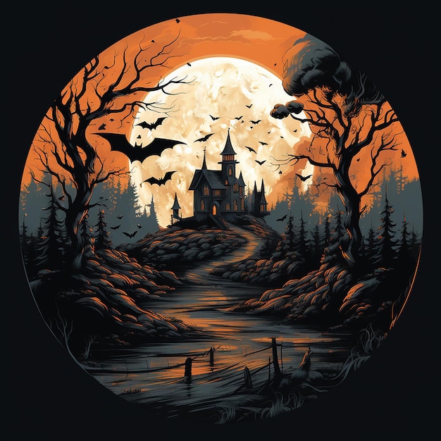 Halloween background black gloomy gothic castle on the island pumpkins fantasy creatures ghosts